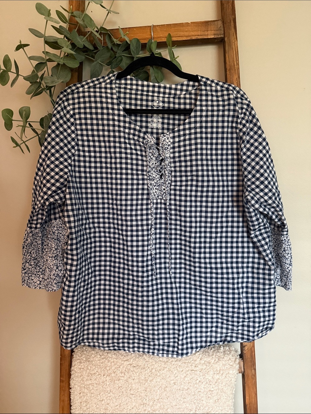 St. John’s Bay Navy and White Gingham Peasant Blouse
